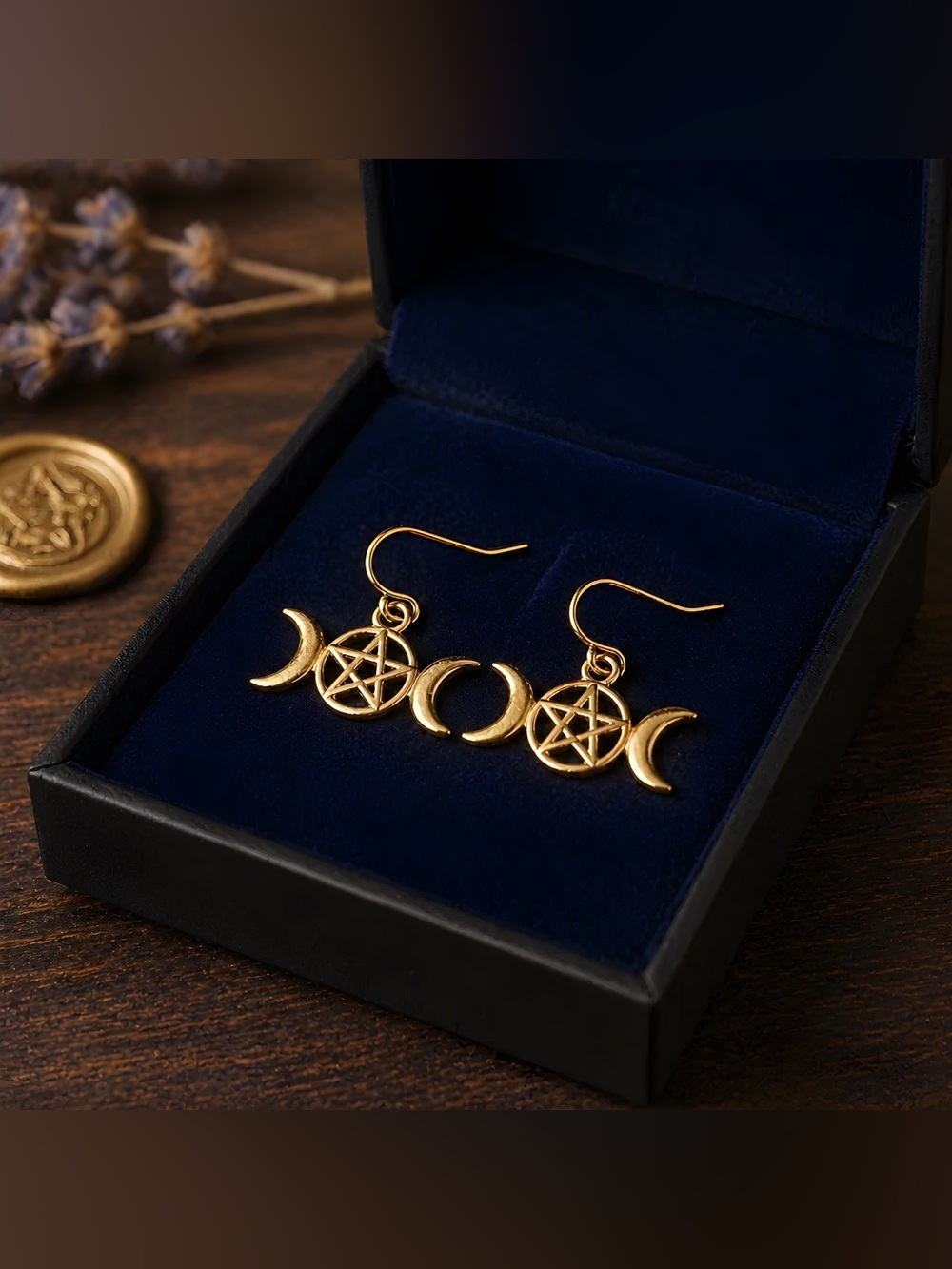 Gold Triple Moon Pentagram Dangle Earrings - Hypoallergenic Hooks